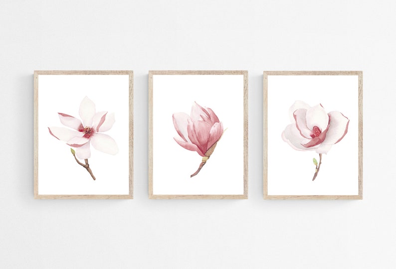 Pink magnolia wall art printable set of 3. Floral digital prints. Baby girl nursery wall art. Blooming flowers. Minimalist modern kids room image 3