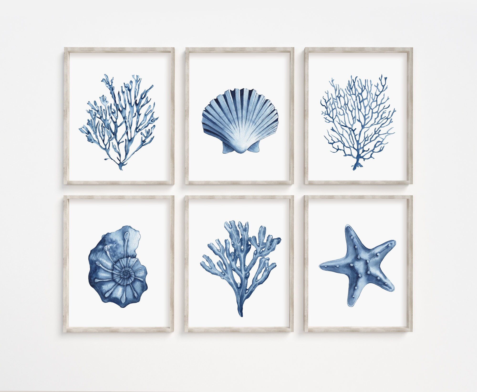 Shell Print Abstract Blue Shell Prints Set of 6. Navy Algae, Starfish Printable Wall Art ...