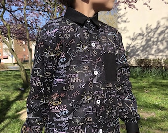 Gr. 128 Hemd Langarm Shirt für Kinder Jungen Baumwolle Schwarz Mathematik Physik Hausaufgaben