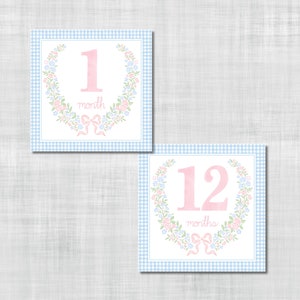 Cartes jalons fille - Vichy bleu avec écusson floral