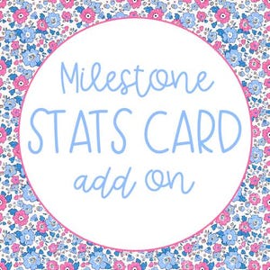 May include: A white circle with the words "Milestone STATS CARD add on" in light blue script. The circle is outlined in pink and set against a floral pattern of pink and blue flowers on a white background.
