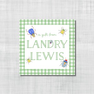 May include: Square gift tag with a green and white gingham border. The tag features the text "a gift from LANDRY LEWIS" in green, with watercolor illustrations of colorful beetles scattered around the text.