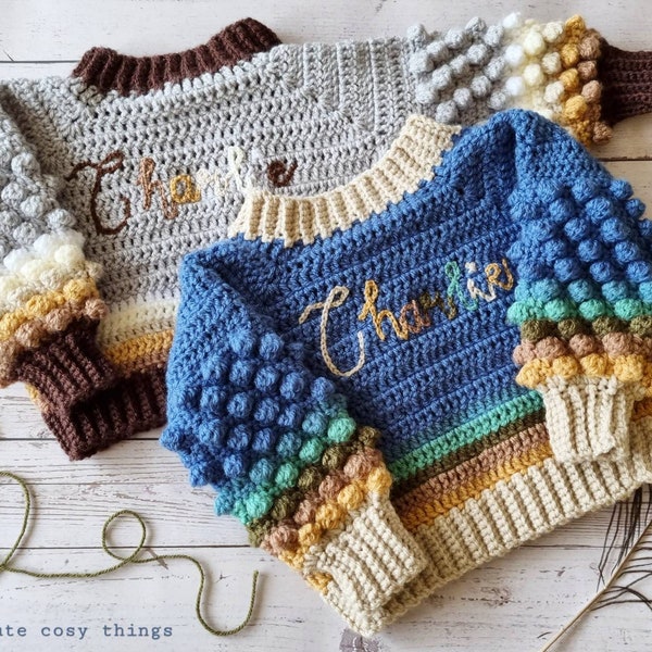 Crochet baby poet cardigan, with rainbow yarn name personalisation. Handmade to order, rainbow cardigan, custom made cardigan.