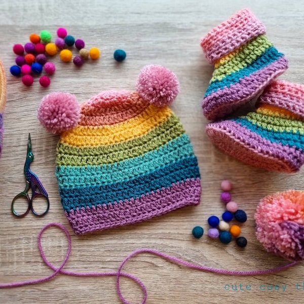 Crochet baby hat and booties set, rainbow baby hat and booties - hand made to order  - baby girl gift, baby boy gift, baby shower gift