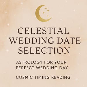 May include: A celestial-themed graphic with a gold crescent moon and stars. The text reads "Celestial Wedding Date Selection," "Astrology for Your Perfect Wedding Day," and "Cosmic Timing Reading" on a beige background with star accents.
