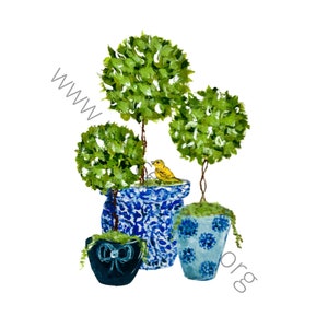 May include: Watercolor painting of three topiary trees in blue and white patterned pots. A small yellow bird perches on the edge of one pot. The trees have green, leafy tops. The pots have different designs, including a bow.