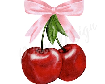 Cherry with Bow PNG, Watercolor Cherry With Bow Clipart, Coquette Bow PNG, Cherry with Bow png, Coquette Cherry png design