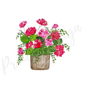 May include: A watercolour painting of a potted plant with pink and red flowers. The plant is in a brown pot and has green leaves.