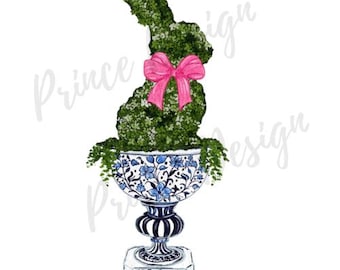 Bunny Chinoiserie Ginger Jar PNG, Watercolor Topiary Graphic for Home Decor, Gifts, Spring Sublimation