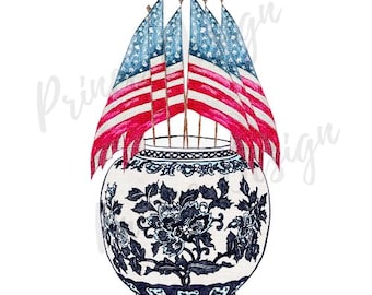 Chinoiserie American Flag PNG | July 4th Digital Download | Sublimation Home Decor