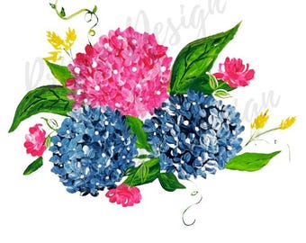 Hydrangea Bouquet PNG, Flower Clipart, Sublimation ,Invitations, Blue ,Pink Floral Illustr ation