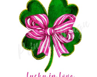 Lucky St Patrick's Day PNG, pink shamrock with bow, four leaf clover clipart, St Patrick's Day decor, lucky in love, classroom gift design