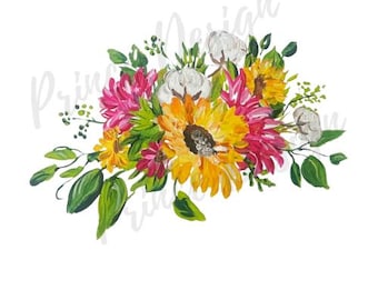 Floral & Cotton PNG Watercolor Botanical Clipart, Rustic Flower Illustration, Digital Download for Sublimation