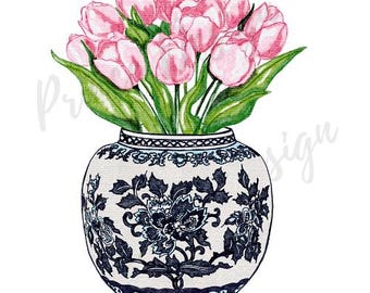 Chinoiserie Tulip PNG,Preppy Ginger Jar Digital Download, Grand Millennial Clipart,  Blue & White Vase