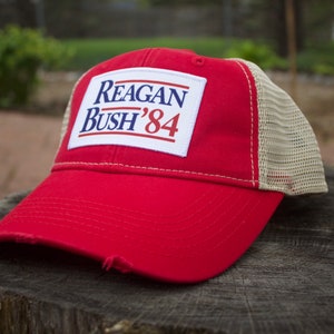 Reagan Bush &#39;84 Red Hat with Distressed Visor for a Vintage Look