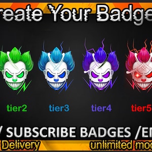 Pode incluir: Seis emblemas digitais de cores diferentes com um design de rosto de palhaço de desenho animado. Os emblemas são rotulados como "nível 1", "nível 2", "nível 3", "nível 4", "nível 5" e "presente grátis". O texto "Create Your Badges" está na parte superior da imagem. O texto "LOGO / SUBSCRIBE BADGES / EMOTES" está abaixo dos emblemas. O texto "24 hours Delivery" e "unlimited modifications" está na parte inferior da imagem.