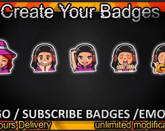 Può includere: Immagine con cinque badge di cartoni animati con diverse espressioni. Il testo "Create Your Badges" è in alto. Il testo in basso recita "LOGO / SUBSCRIBE BADGES / EMOTES". Questi badge sono per lo streaming o online.