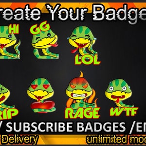 Peut inclure: Créez vos badges avec ces émoticônes de serpent colorés. Les émoticônes présentent différentes expressions comme hype, hi, gg, lol, rip, rage et wtf. Le texte "LOGO / SUBSCRIBE BADGES / EMOTES" est en bas de l'image. Le texte "24 hours Delivery" et "unlimited modifications" sont également en bas de l'image.