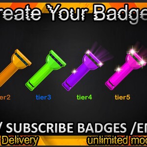 Op de afbeelding: Zes verschillende gekleurde zaklamp-badges, gelabeld van tier 1 tot tier 6. De badges zijn voor logo's, abonnementsbadges en emoticons. De tekst "24 uur levering" en "onbeperkte aanpassingen" is ook inbegrepen.