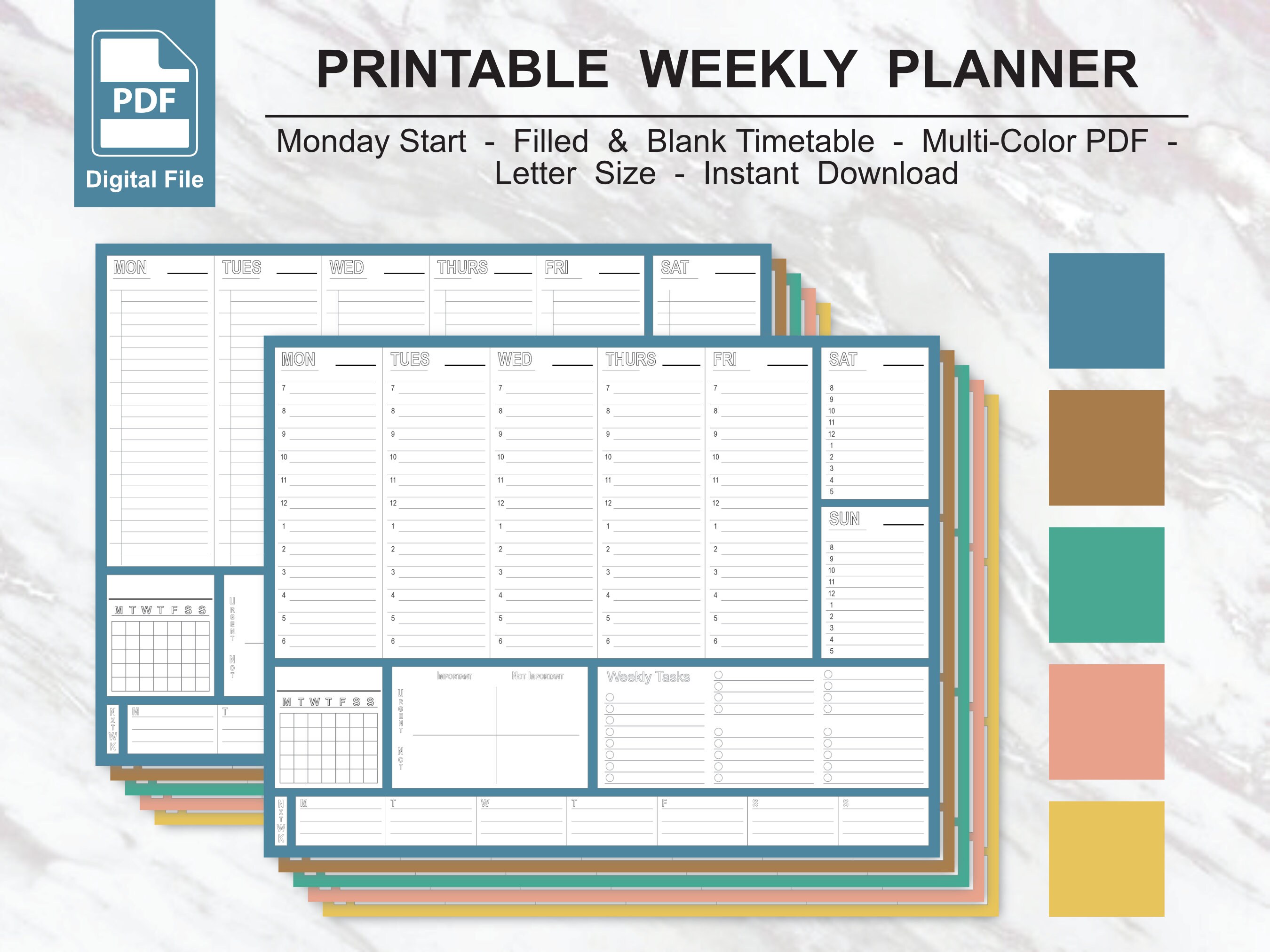 Weekly Planner Printable At A Glance Hourly Spread PDF Letter Etsy 