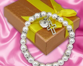 First Communion Baptism Christening Gift for Girl, Pearl Cross Heart Charm Bracelet, Initial Personalized