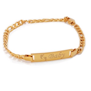 Personalized ID Bracelet with Name, Engraving, 18k Gold Plated, Adjustable, Sizes for Children All Ages