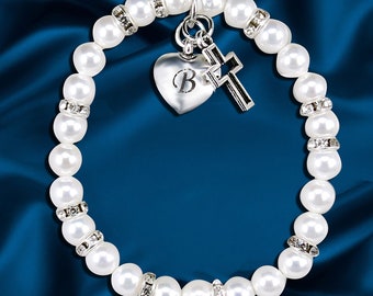 Personalized Baptism Christening Confirmation Bracelet, Silver Cross, Pearl, Heart with Engraving