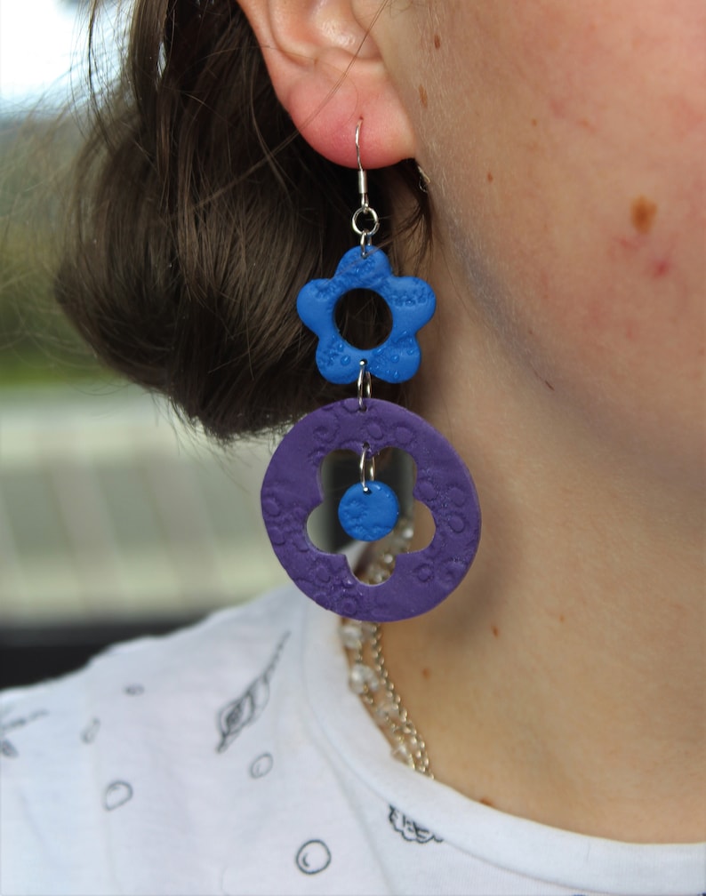 GreenBluePurple Lace Pattered Flower Statement Earrings