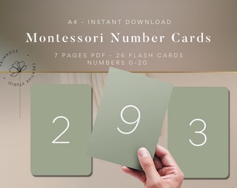 DIGITAL MONTESSORI NUMBERS - Minimalistic number 0-20 flash cards, Homeschool, School and Preschool toddler learning educational cards