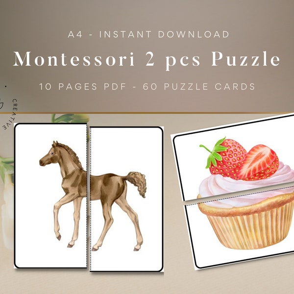 Montessori Puzzle Digital file - Matching puzzle flash cards for toddlers and preschoolers, Instant downloadable learning educational cards