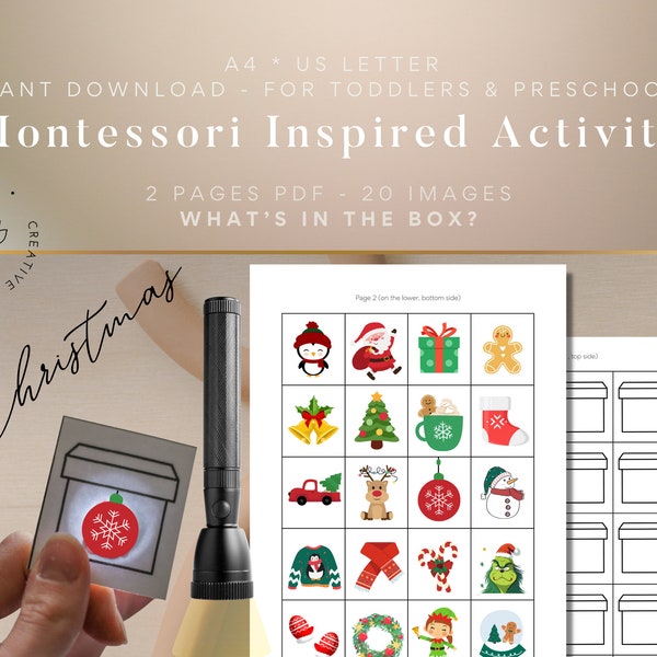 Montessori Christmas Printable Activity - Whats in the box fun activity for toddlers and preschoolers, Digital downloadable printable