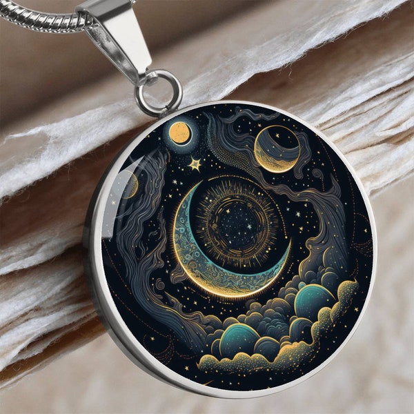 Collana celeste, collana lunare, collana sole luna stelle, collana astrologia, collana luna crescente, collana circolare 'Paradiso'