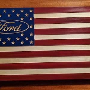 Wooden Ford American Flag 9.25&quot; by 16&quot; Ford racing flag. Classic Ford sign. Henry Ford.