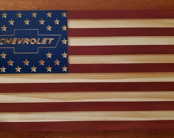 Wooden Chevy American Flag 9.25" by 16" Chevy racing flag. Classic Chevy sign. Classic Chevy sign.