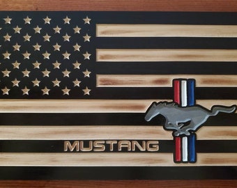 Ford Mustang Wooden American Flag: Etched Garage Wall Decor