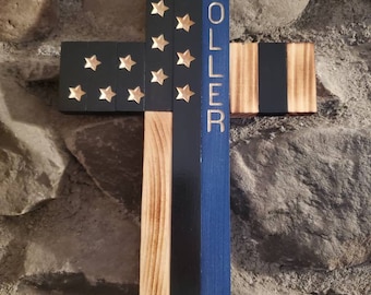 Thin Blue Line Cross Police.  Police support. Back the blue. Police cross. Wooden Police cross. Custom Police cross. Officer gifts. NYPD