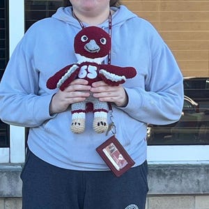 May include: A handmade crochet bird doll with a maroon head, wings, and accents, and a gray body. The bird has the number "65" on its chest. The doll is held in front of a window. The bird has a keychain and a maroon lanyard.