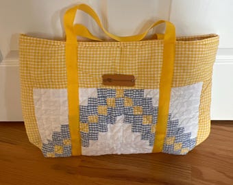 Gewatteerde draagtas: gele, witte en blauwe oversized schoudertas, handgemaakt