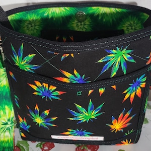 Marijuana messenger crossbody  purse with 56" adjustable sturdy strap/ snap cellphone pocket/ reversible