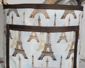 Eiffel Tower purse/ messenger crossbody bag with 56" adjustable strap/ light brown reversible side/ cellphone pocket