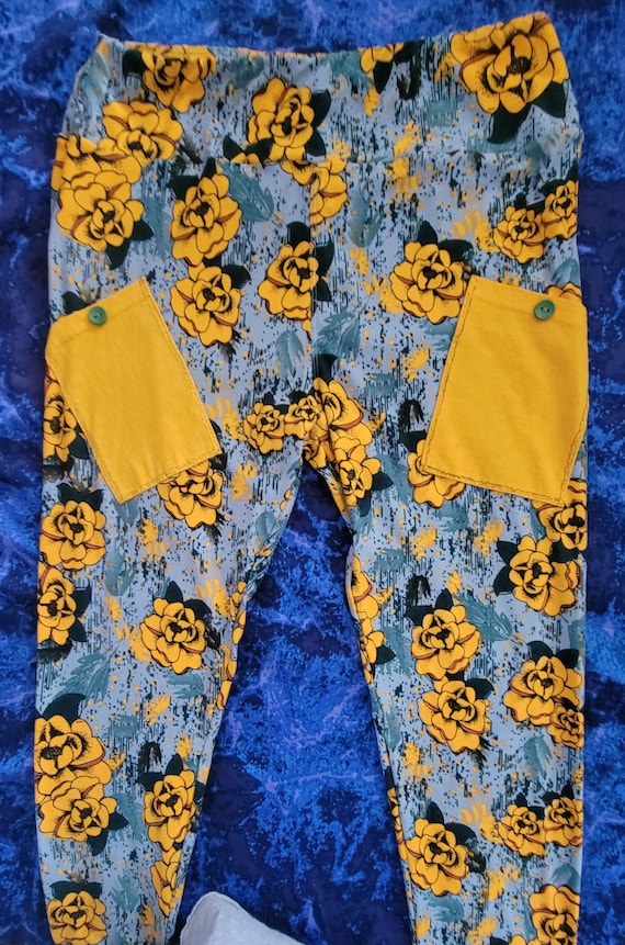 Lularoe/ Leggings/ Upcycle/ Bold Golden Yellow Flowers on Light Gray 