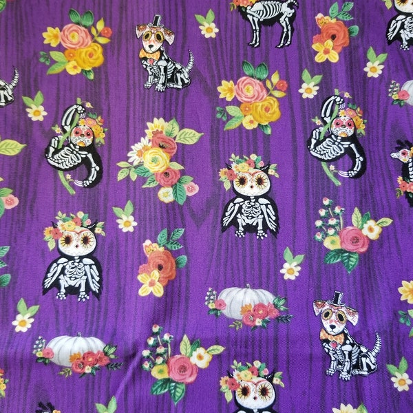 Fabric/ destash piece measures 45×14 inches/ fall skeletal animals on purple/ Floral/ Halloween