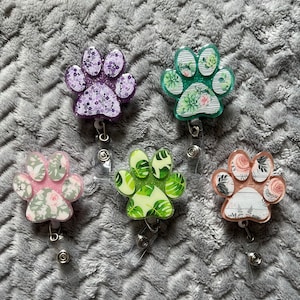 Paw Print Badge Reel | Glitter Floral Swipe Card Holder | Vet or Healthcare Badge Holder