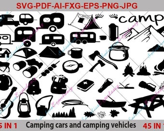 45 in 1 Hooby Camping Tools Bundle Svg File. Camp Svg Pdf Eps Fxg Ai File. Camp clipart, Silhouette File, Cricut File.