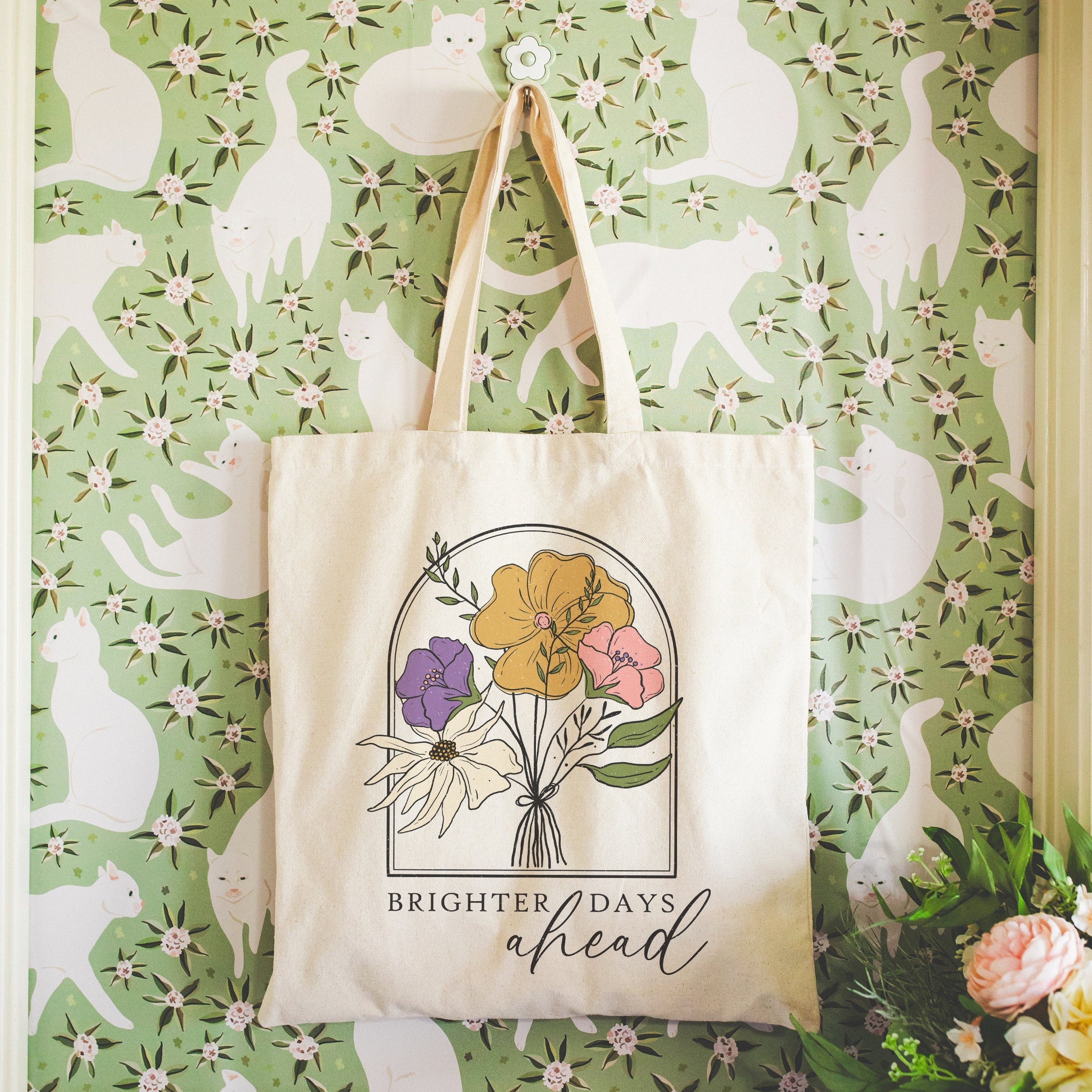 Brighter Days Ahead Floral Tote - Vintage Totebag - Inspirational