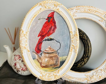 Cardinal Painting Red Bird Original Art Animal Wall Art Oil Painting Small Artwork Northern Bird Framed Painting