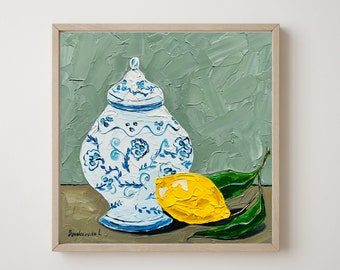 Lemon Art Citrus Painting Still Life Vase Painting Wall Art Small Painting Kitchen Original Painting Food Painting Fruit Art Work