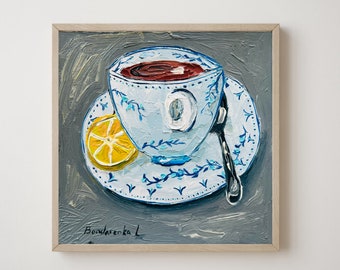 Tea Cup Painting Kitchen Lemon Art Porcelain Service Small Painting Blue Ware Oil Painting Still Life Tea Vintage Art Food Painting Drink