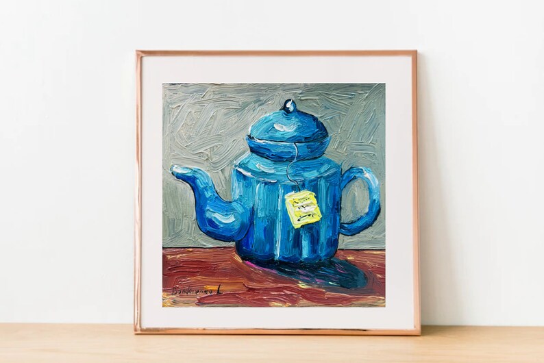 Tea Painting Still Life Original Art Teapot Painting Oil Impasto Artwork 6 by 6 inches image 3