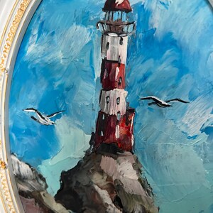 Lighthouse Painting Seascape Art Seagull Painting Coastal Art Ocean Original Art Small Oil Painting California Landscape Framed Painting image 6